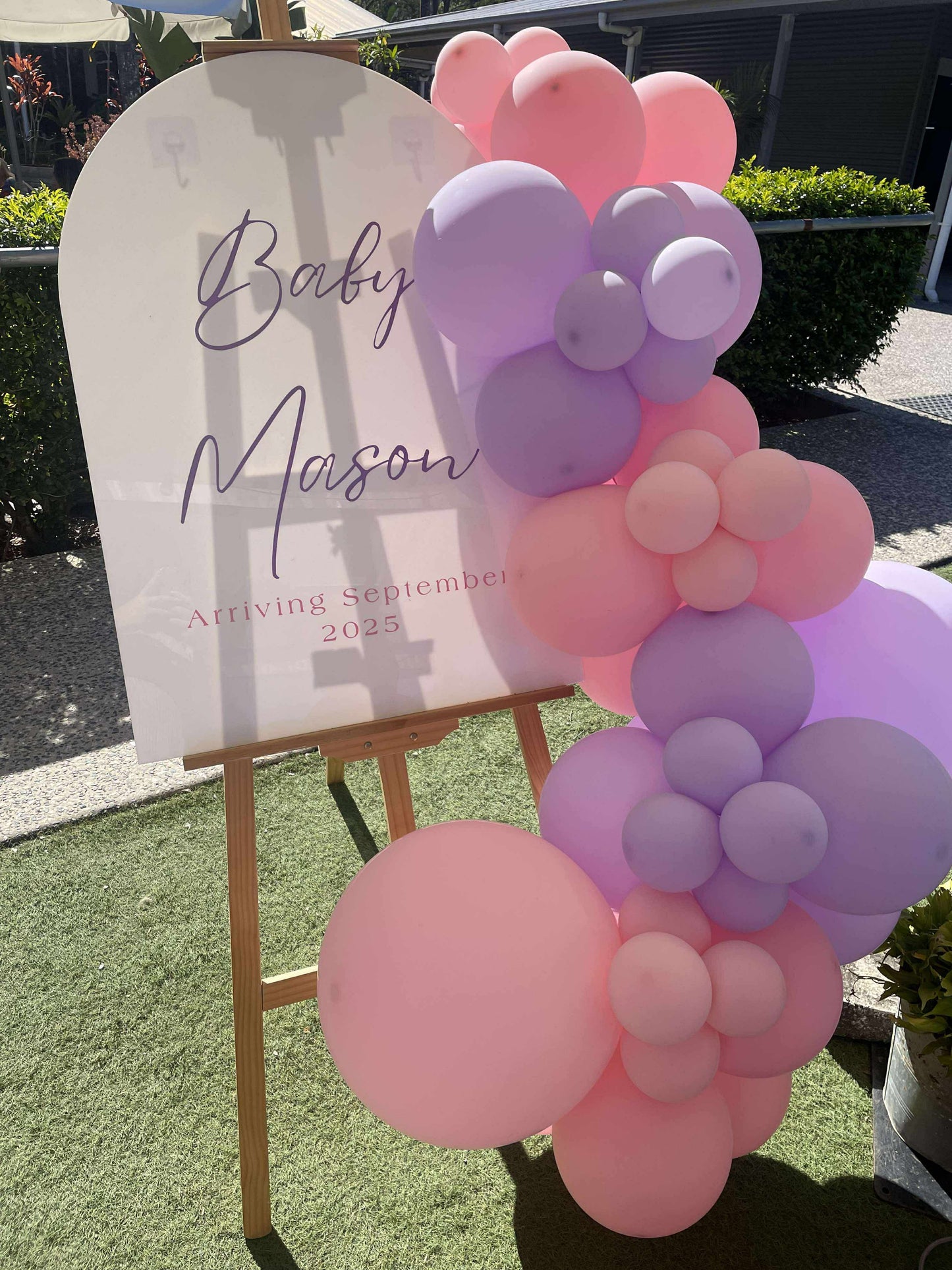 Welcome sign with balloon garland